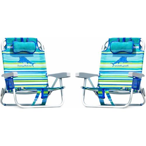 Tommy Bahama 5 Position Beach Chair, Zippered Insulated Cargo Pouch, Cup and Cell Phone Holders, Towel Bar, Pillow for Extra Comfort, Heavy-Duty Weight Capacity, 2-Pack (Aqua Stripes)