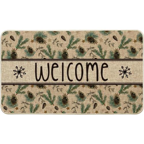 Artoid Mode Xmas Pinecone Star Welcome Christmas Doormat, Winter Low-Profile Switch Rug Home Decor Door Mat Floor Mat for Outdoor Indoor 17x29 Inch