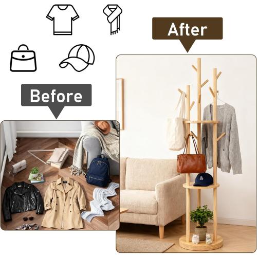 YYW Multifunctional Wood Coat Rack Stand With 9 Hooks And 3 Shelves