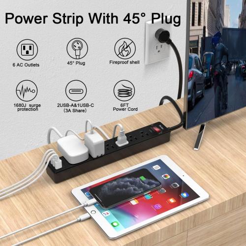 Yintar 6Ft Surge Protector Power Strip with 6 Outlets & 3 USB Ports, Black | 6 Feet Flat Plug Extension Cord with Multiple Outlets for Home, Office, Dorm Essentials, 1680 Joules, ETL Listed