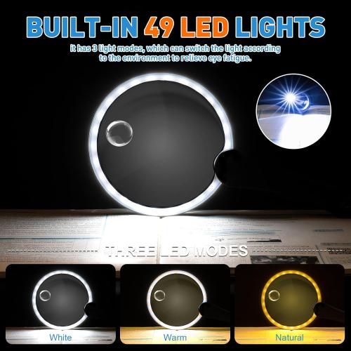 30X 40X 60X Rechargeable Magnifying Glass with Light, Large 5.2-Inch