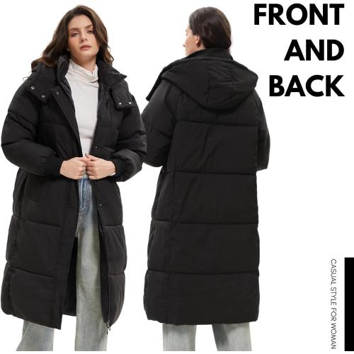 Size Large Color Black Long Puffer Jacket for Women,2024 Thickened Winter Coat Hooded with Deep Pockets, Ladies Warm Winter Jacket