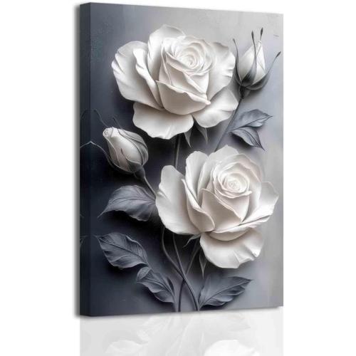 BJYCHG White Rose Wall Art Elegant Rose Floral Pictures Abstract Flowers Prints Vintage Canvas Painting for Office Living Room Bedroom Bathroom Decor Frame (Gray, (36L x 24W))