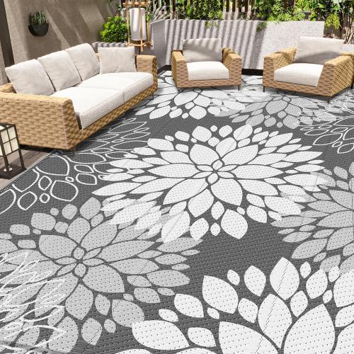 LuxStep Outdoor Rug Waterproof Outdoor Plastic Straw Rug Reversible Patio Rug Mat Outdoor Decor Large Area Mats for RV, Picnic, Backyard, Balcony, Porch, Beach, 8' x 10' Grey