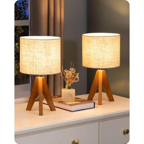 14.2 in. Light Brown Wooden Base Table Lamp Set with Beige Shade and Tripod (Set of 2)