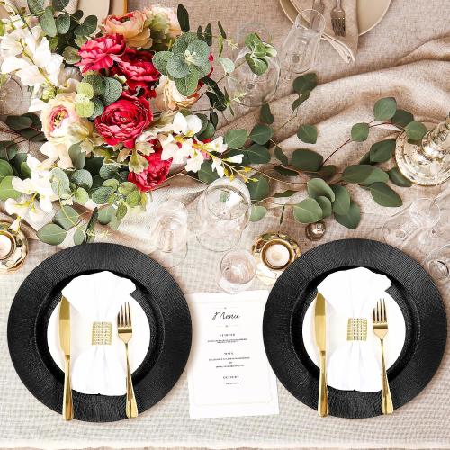 Tanlade 50 Pcs Charger Plates Bulk, 13 Inch Plastic Round Charger Dinner Plates Elegant Wedding Serving Plate for Event Tabletop Wedding Party Bridal Baby Shower Decor (Black)
