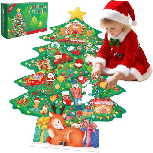 Christmas Puzzles with 48 Large Pieces - Christmas Tree Shaped Floor Puzzle for Party Decorations, Gifts, and Classroom Activities