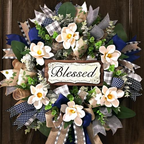 Waipfaru 22 Inch Spring Summer Wreath, Magnolia Wreaths for Front Door with Eucalyptus & Blue Grey Burlap Bow, Year Round Wreaths for Porch Farmhouse Patio Door Decor All Season (1 Pcs)