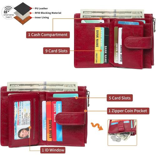 GAEKEAO Womens Wallet Small Vegan Leather RFID Blocking Bifold Zipper Pocket Wallet Card Case Purse with ID Window
