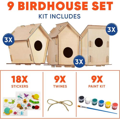 9 DIY Bird House Kits for Kids to Build & Paint - Wood Birdhouse Craft Kit | Unfinished wood birdhouses for kids 8-12 to build, then paint. Each of 9 kits is bagged alone with a brush and 6 colors.