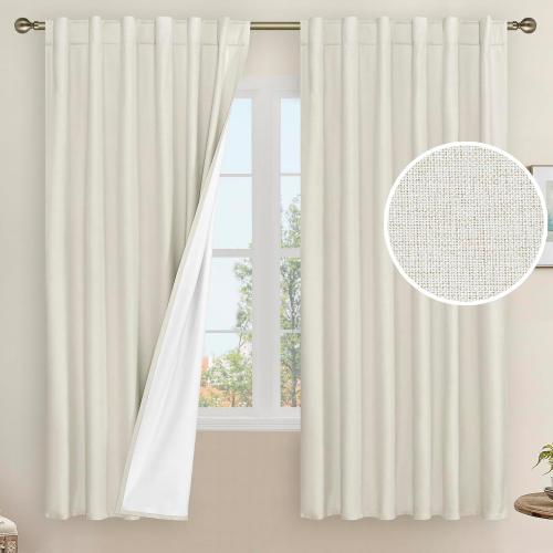 LAMIT 100% Blackout Natural Linen Curtains, 63 Inches Linen Textured Thermal Bedroom Curtains Back Tab and Rod Pocket Neutral Panels with White Liner for Farmhouse, , 52 x 63 Inch, Ivory