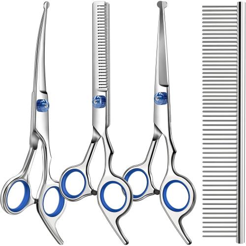 Professional 4 in 1 Dog & Cat Grooming Scissors Kit with Safety Round Tips,Sharp & Durable,Dog Shears for Grooming - Includes Straight, Curved, Thinning Scissors and Comb - Premium Pet Supplies