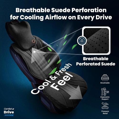 Car Seat Cushion with Back & Neck Support, Breathable Perforated Suede Seat Cushion for Drivers, Non-Slip Ergonomic Design for Long Drives, Daily Commute & Travel