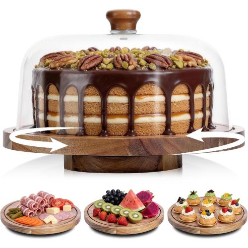 Rotating Cake Stand with Lid, 12in Wooden Cake Holder with Acrylic Dome, Flat Bottom Round Dessert Stand, Cake Display Stand for Baking, Wedding, Kitchen, Birthday, Parties(Not Glass Lid)