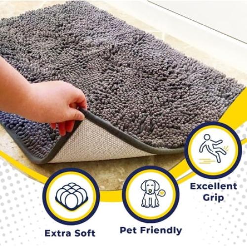 Muddy Mat® | Super Water Absorbent Door Mat Indoor, Microfiber Quick Dry Chenille Entryway Rug, Slip Resistant Front Door Mat, Indoor Mats for Entryway, Machine Washable Pet Rug, Grey 16x24