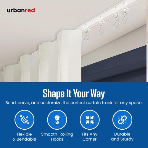 UrbanRed Flexible Ceiling Curtain Track, 5 m (16.4 ft) Rail Kit, White | Flexible curtain ceiling track bends for smooth sliding, making it ideal for room dividers, RVs and bay windows.