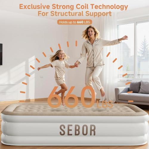 Air Mattress with Built-in Pump, Comfortable Self-Inflating Air Mattress with High-Speed Pump, Durable Blow Up Mattress with Storage Bag for Guests, Camping, Travel (Khaki White, 18 Twin XL)
