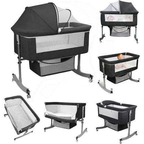 Bedside Bassinet Baby Crib, 3-in-1 Bedside Crib with Storage Basket