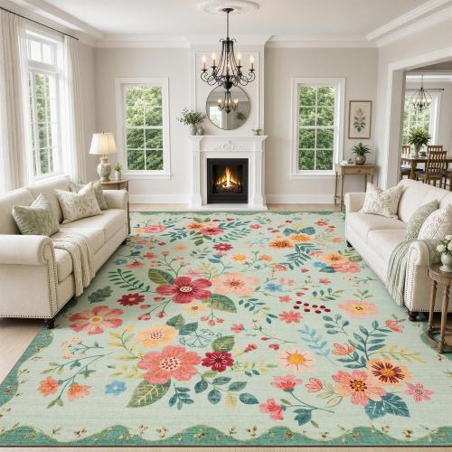 BLUE  Floral Area Rug Washable Rug for Living Room,