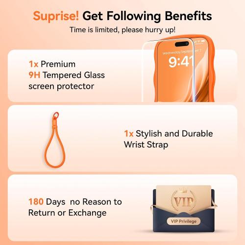 3 in 1 Magnetic for iPhone 17 Pro Max Case, Cute Wavy [Full Camera Protection][Fit for MagSafe] 1X Screen Protector 1X Wrist Strap, Anti-Slip Trendy Women Girly Case for iPhone 17 Pro Max 6.9, Orange