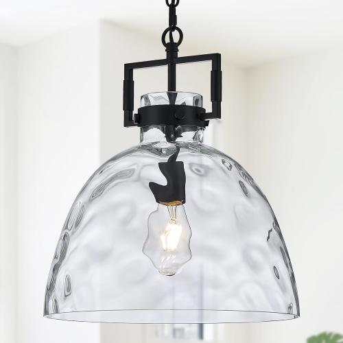 13.8 Black Glass Pendant Light, Hammered Clear Glass, E26 Hanging Light
