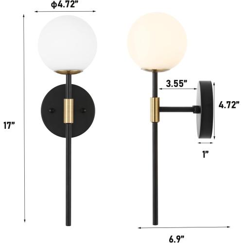 Industrial Mid Century Wall Sconce Set of 2 with White Globe Glass Shades Modern Bathroom Vanity Wall Lamp Black and Gold Finished Wall Light Fixture