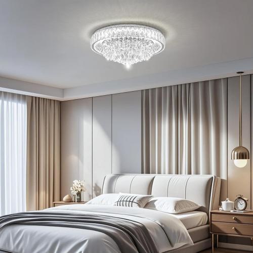 Modern Dimmable Led Crystal Chandelier: Flush Mount Crystals Ceiling Light with Remote - 24 Silver Ceiling Lighting Fixtures Round Crystal Chandeliers for Dining Room Bedroom Living Room Entryway