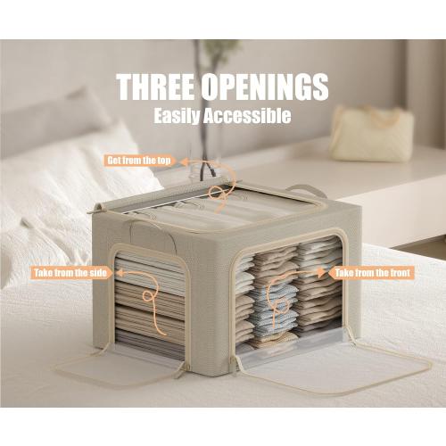 3 Openings Large Clothes Storage Bins with Metal Frame, Foldable Storage Bin for Clothes,Clothing Storage Bins with Lid, Linen Storage Box With Clear Window＆ Zippers＆ Durable Handles.(3 Pcs,Beige,66L)