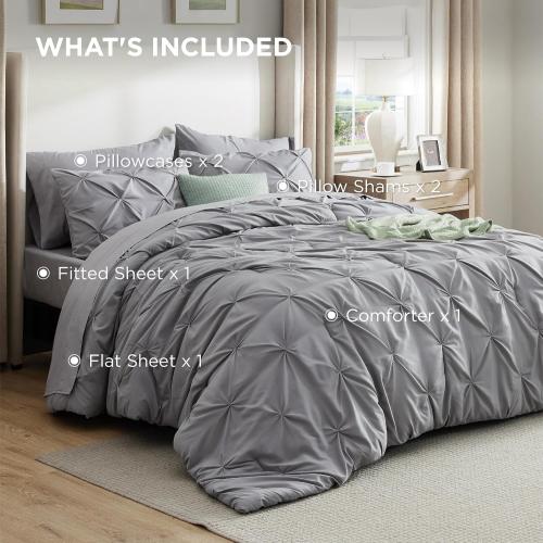 Bedsure Full Comforter Set Grey - Bed in a Bag Full Size Bedding Set 7 Pieces, GentleSoft™ Pintuck Bed Set Gift for Family, Pinch Pleat Grey Comforter with Sheets, Pillowcases & Shams