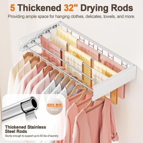 Wall Mounted Clothes Drying Rack Folding Indoor, Foldable Laundry Drying Rack Collapsible,Invisible, Space Saving, Retractable Towel Drying Rack, with Wall Template(5 Drying Rods, White 32)
