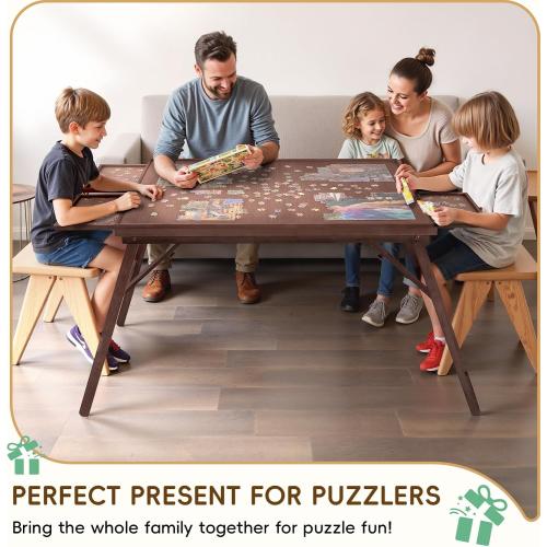 TEAKMAMA 27.6 H Tall Puzzle Board 1500 Piece Puzzle Table with Legs, 4 Drawers, 34.3 W x 26.5 D Large Wood Folding Jigsaw Puzzle Board with Cover for Adults, Chocolate Brown