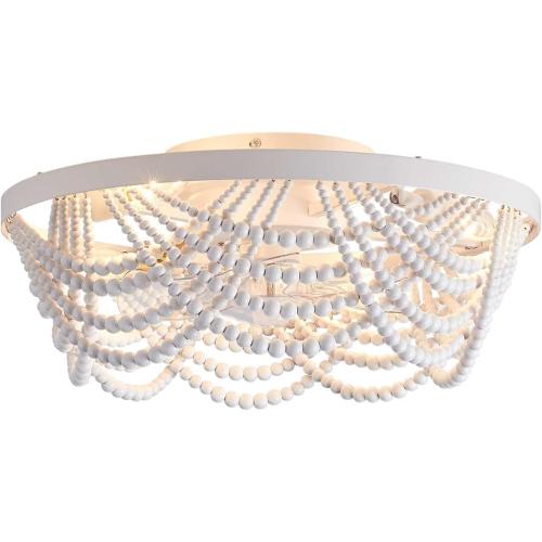 Boho Ceiling Fan with Lights Flush Mount,20 Inch Bohemia White Wood Bead Close to Ceiling Fan Light, 4 Lights Low Profile Enclosed Ceiling Fans with Remote Control for Bedroom Living Room Kitchen
