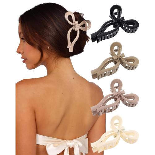 4 PCS Bow Hair Clips Bow Claw Clip for Women Nonslip Large Hair Claw Clips for Thin and Thick Hair Strong Hold Hair Bows (Black White Brown Pink)