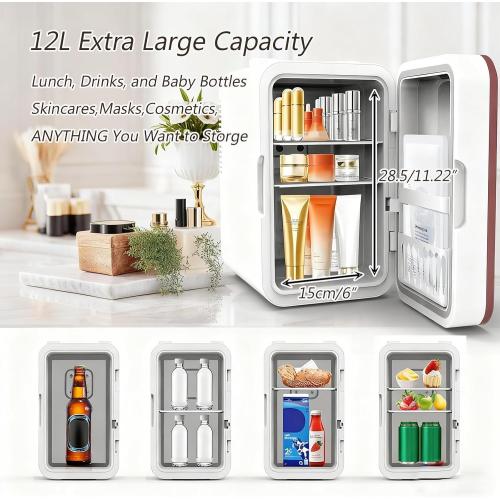 Cosmetic Fridge & Mini Skincare Fridge, 12L Capacity with Dimmable LED Light Mirror, 110V AC/12V DC Makeup Fridge for Home, Hotel, Car, and Office Use