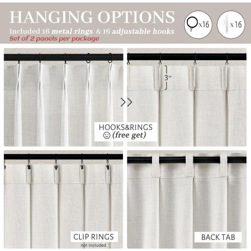 102 Inch Long Curtains for Living/Dining Room, Elegant Pinch Pleated Linen Curtain 102 inches Light Filter Privacy That Let Light in Cortinas para Sala Modernas 2 Panels Set Beige White