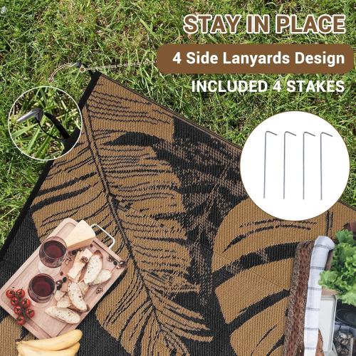 Outdoor Rug 9x18 Patio Waterproof, Foldable Reversible Outdoor Plastic Straw Rug Leaf Mat for Camper Outside Carpet for Rv, Deck, Porch, Picnic, Beach, Balcony Leaf|Black&Brown