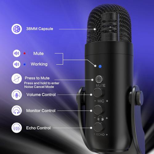 ZealSound Podcast Microphone for PC, Noise Cancellation USB Mic with Gain, Volume Adjustment & Mute Button, Monitoring & Echo, for YouTube, TikTok, Podcasting, Streaming, iPhone, iPad, Android, Mac