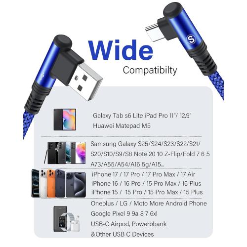 USB to USB C Cable 3.3ft 2-Pack 3.1A Fast Charging Right Angle CarPlay Cord