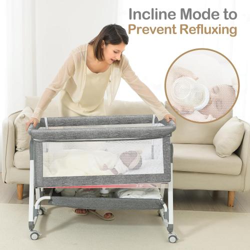 Baby Bassinet, Portable Bedside Bassinet, Twin-Friendly, 4-in-1 Bedside Crib with Waterproof Mattress, Adjustable Height & Locking Wheels for Newborns, Grey