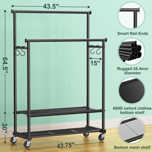 COLOR WHITE ❗❗Double Rods Clothes Rack for Hanging Clothes, Heavy Duty Rolling Clothing Rack with Wheels, Freestanding Garment Racks with Oxford Bottom Shelf and Mesh Bottom Shelf for Bedroom Laundry Living Room