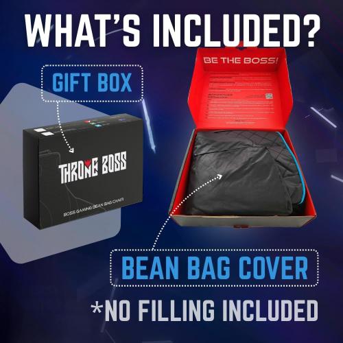 Throne Boss Gaming Bean Bag Chair Cover for Kids with High Back, Blue – Floor Gaming Chair Cover, Easy to Clean Fabric, Large Side Pockets, Headphone Hanger, Requires 200 Liters Polystyrene Beans