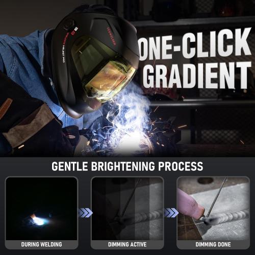 YESWELDER Auto-Adjust Welding Helmet, Internal LCD Control, Panoramic View | 180° auto-darkening, 1/1/1/1 true color, intelligent auto shade, 5 arc sensors, shade 3/4–8/9–14, customized memory presets