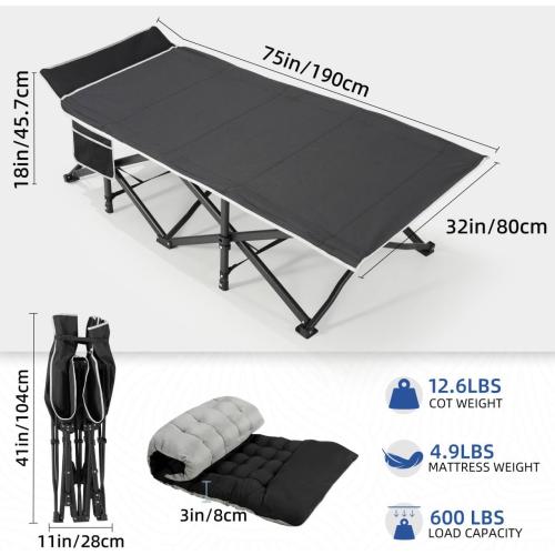 Camping Cot with Mattress, 32 Extra Wide Camping Cots for Adults, Sleeping Cot for Adults Holds Up to 600LBS, Cots for Sleeping, Camp, Rv, Beach, Patio, Office Naps(Black)