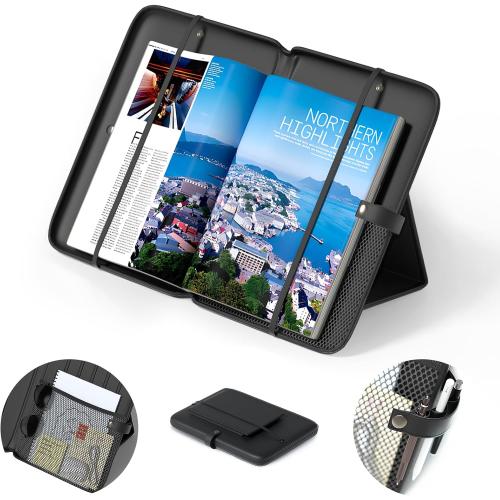 KDD 3 in 1 Book Holder Stand for Reading, Portable Desktop Bookstand with Mesh Storage Bag, 3 Pen Slots & Adjustable Straps, Lightweight Book Sleeve Fits Tablets, E-Readers, Cookbooks & Sheet Music (Set of 2)