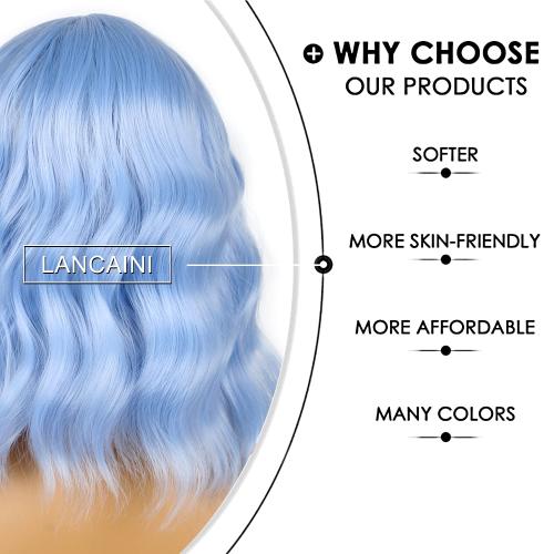 Short Bob Wigs with Bangs for Women Loose Wavy Wig Curly Wavy Shoulder Length Bob Synthetic Cosplay Wig for Girl Colorful Costume Wigs (Light Blue)