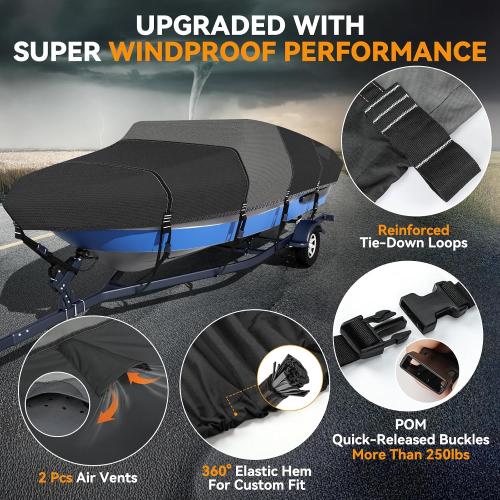 1600D 1200D V-Hull Boat Cover with 2 Wide Loops,22-24ft