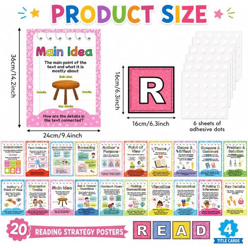 20Pcs Colorful Reading Strategies Posters for Classroom Reading Educational Motivational Bulletin Board Set Read Corner Posters for Back to School Library Chalkboard Wall Art Decor Teacher Supplies