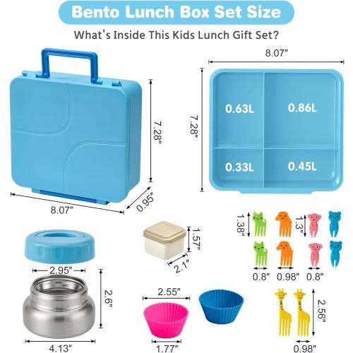 Bento Lunch Box with 9.5 oz Soup Thermo, Kids Leakproof 4 Compartments Bento Box with Silicone Cupcake,Fruit Fork,Spoon and Sauce Cup,Insulated Food Jar for School Travel-Blue