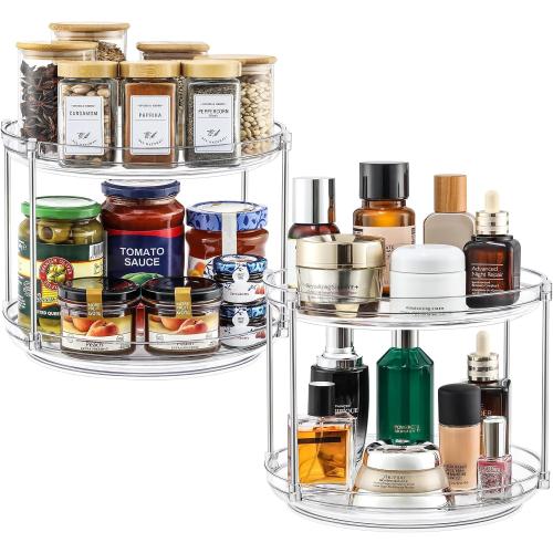 2 Set 2 Tier Non-Skid Acrylic Lazy Susan Turntable Organizer - Rotating Spice Rack - Spinning Organization for Kitchen, Pantry, Countertop, Closet, Bathroom, Vanity, Medicine Cabinet Organizing,9.25''