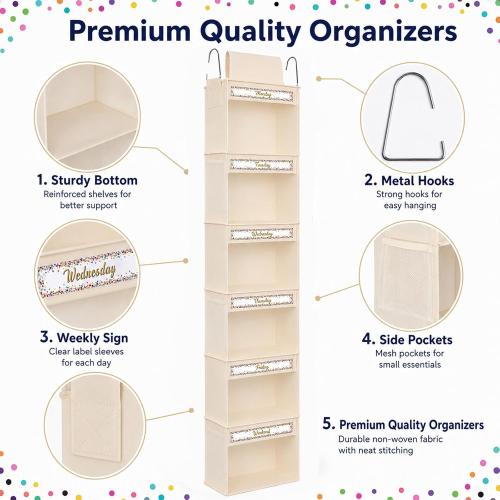 2 Pack 6 Shelf Weekly Clothes Organizer for Kids Hanging Daily Closet Organization White Background Colorful Confetti Decoration with Days of The Week Monday Through Friday Weekend Cards(Beige)